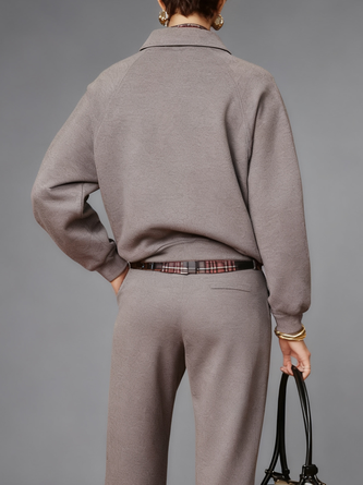 Casual Plain Shirt Collar Sweatshirt