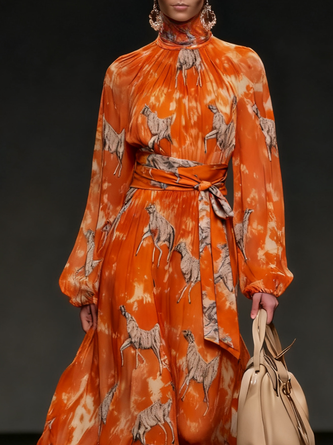 Vacation Animal Turtleneck Maxi Dress Belt