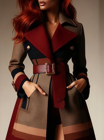 Urban Printing Plaid Lapel Collar Coat With Belt