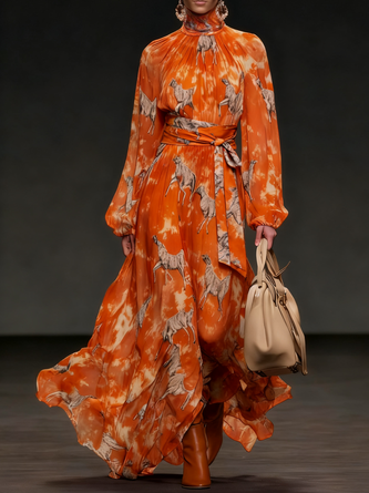 Vacation Animal Turtleneck Maxi Dress Belt