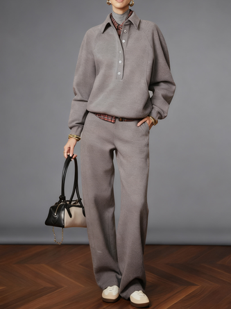 Casual Plain Shirt Collar Sweatshirt