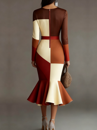 Elegant Geometric V Neck Midi Dress