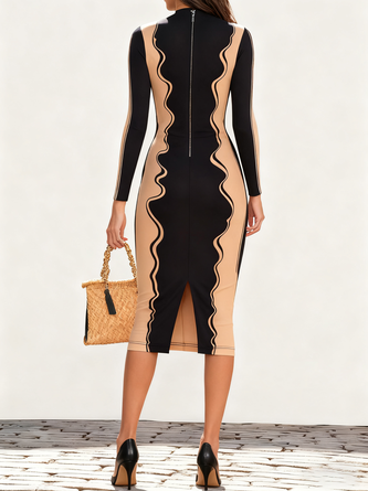 Elegant Color Block Stand Collar Midi Dress