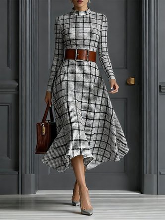 Urban Plaid Printing Stand Collar Midi Dress No Belt