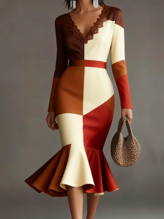 Elegant Geometric V Neck Midi Dress