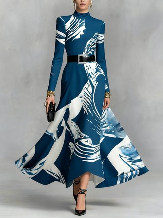 Urban Random Print Printing Stand Collar Maxi Dress