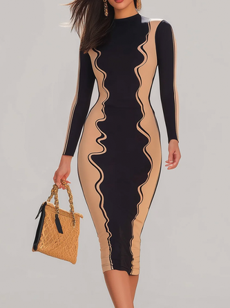 Elegant Color Block Stand Collar Midi Dress