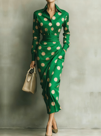 Urban Polka Dots Shirt Collar Maxi Dress With Belt