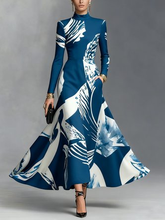 Urban Random Print Printing Stand Collar Maxi Dress