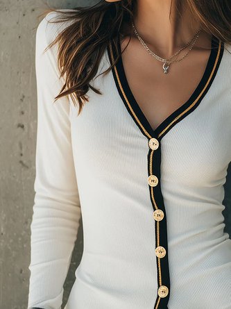 Casual Color Block Split Joint V Neck Blouse