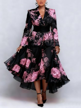 Elegant Printing Floral Lapel Collar Blazer With Belt