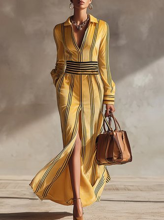 Urban Striped Slit Shawl Collar Maxi Dress