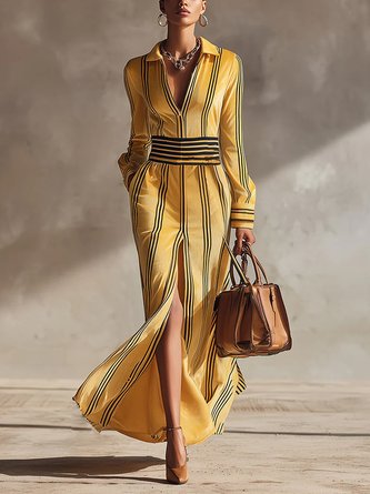 Urban Striped Slit Shawl Collar Maxi Dress