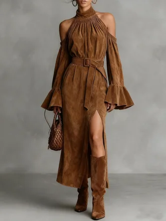 Urban Plain Off Shoulder Sleeve Suede Side-Slit Midi Dress With Belt