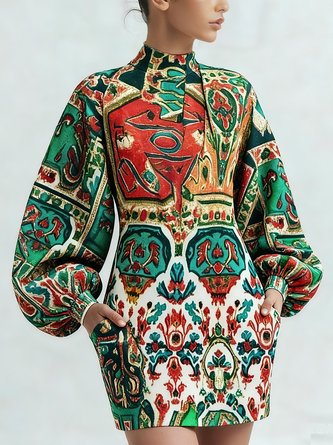 Elegant Random Print Balloon Sleeve Printing Stand Collar Mini Dress