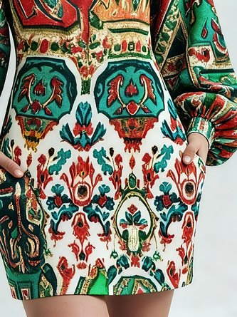 Elegant Random Print Balloon Sleeve Printing Stand Collar Mini Dress