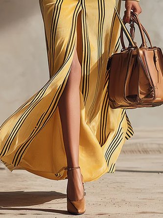 Urban Striped Slit Shawl Collar Maxi Dress