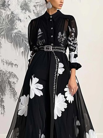 Elegant Floral Printing Stand Collar Maxi Dress With Belt