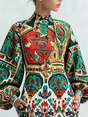 Elegant Random Print Balloon Sleeve Printing Stand Collar Mini Dress