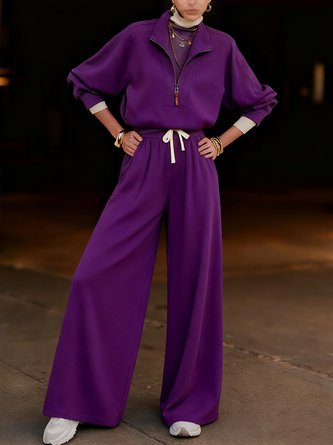 Cotton Casual Plain Zipper Shawl Collar Sweatshirt