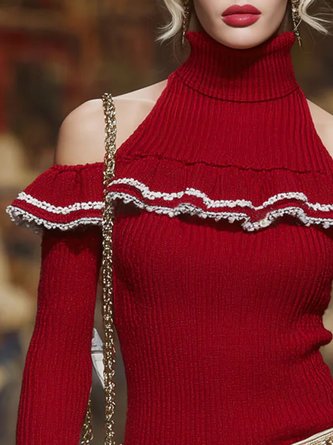 Elegant Color Block Turtleneck Off Shoulder Sleeve Sweater