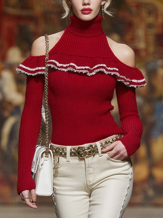 Elegant Color Block Turtleneck Off Shoulder Sleeve Sweater