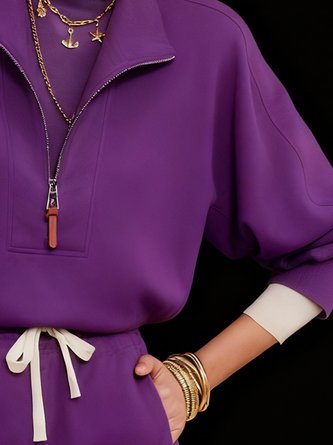 Cotton Casual Plain Zipper Shawl Collar Sweatshirt