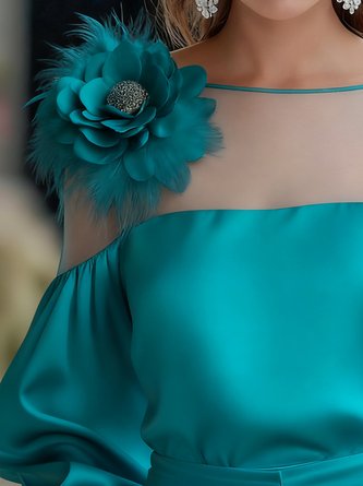 Satin Elegant Plain Split Joint Crew Neck Balloon Sleeve Blouse With 3D Floral Brooch