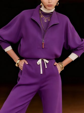 Cotton Casual Plain Zipper Shawl Collar Sweatshirt