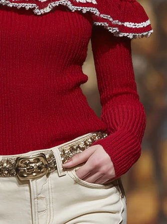 Elegant Color Block Turtleneck Off Shoulder Sleeve Sweater