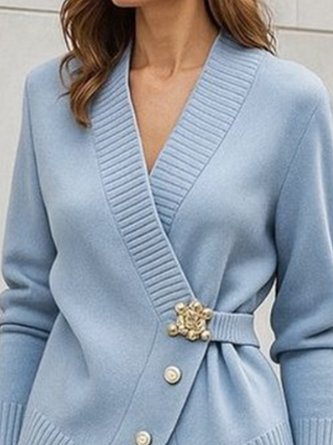 Urban Plain Buckle V Neck Regular Sleeve Cardigan