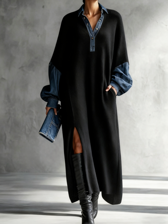 Casual Color Block Shirt Collar Maxi Dress