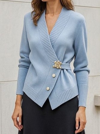 Urban Plain Buckle V Neck Regular Sleeve Cardigan