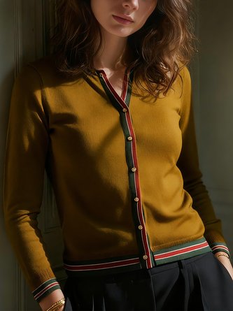 Casual Color Block Crew Neck Sweater Cardigan