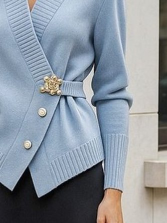 Urban Plain Buckle V Neck Regular Sleeve Cardigan