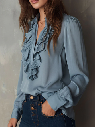 Chiffon Urban Plain Peplum V Neck Blouse