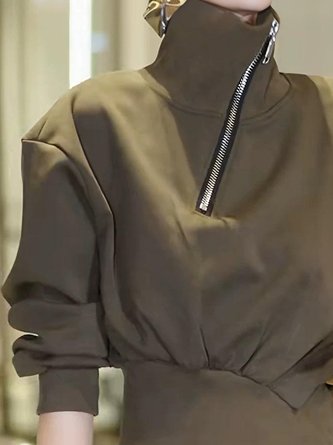 Casual Plain Irregular Craftsmanship Turtleneck Sweatshirt