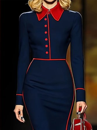 Elegant Color Block Buttoned Shawl Collar Knee Length Dress