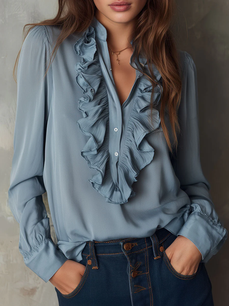 Chiffon Urban Plain Peplum V Neck Blouse