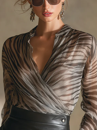 Urban Leopard Zipper Cross Neck Blouse