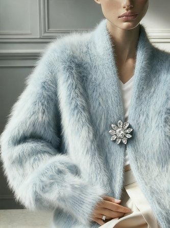 Urban Plain Regular Sleeve Sweater Cardigan With Brooch