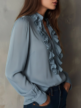 Chiffon Urban Plain Peplum V Neck Blouse
