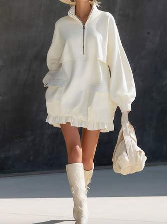 Casual Plain Stand Collar Mini Dress