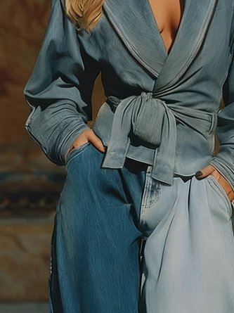 Casual Distressing Lace Edge Plain Lapel Collar Denim Coat