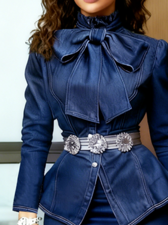 Elegant Plain Stand Collar Denim Coat - Image 3