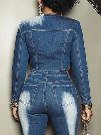 Casual Pockets Plain Crew Neck Denim Jacket 3 Casual Pockets Plain Crew Neck Denim Jacket - Image 3