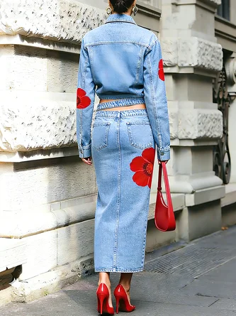 Casual Buttoned Floral Lapel Collar Denim Coat - Image 4