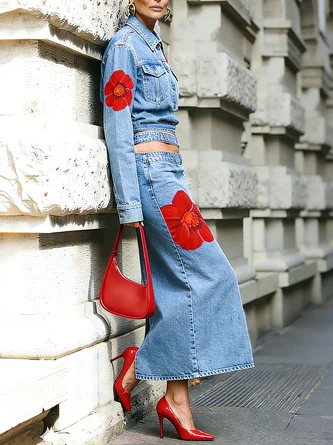 Casual Buttoned Floral Lapel Collar Denim Coat - Image 3