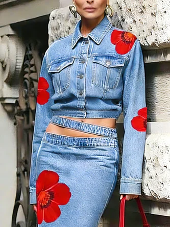 Casual Buttoned Floral Lapel Collar Denim Coat