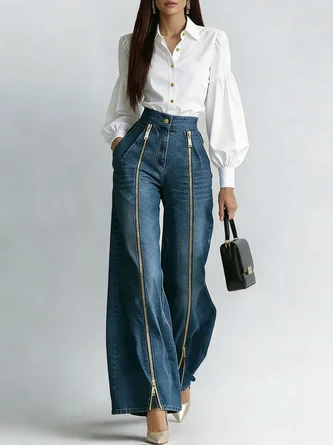 Casual Long Straight Pants H-Line Zipper Regular Fit Daily - Image 2
